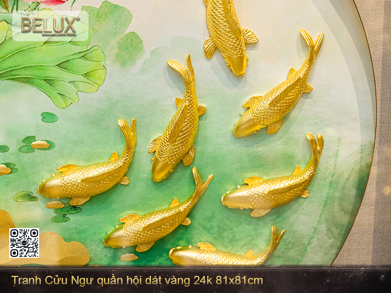 Tranh Cửu Ngư Quần Hội Dát Vàng 24k 81x81cm